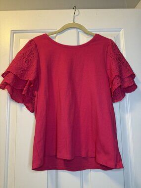 Liverpool Los Angeles Pink Eyelet Flutter-Sleeve Tee Size L